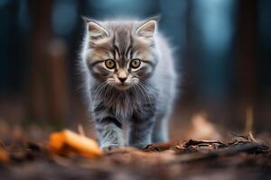 A small kitten is walking across a ground covered in fallen leaves, exploring its surroundings. photo