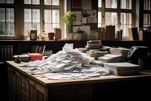 A chaotic desk covered in numerous papers and files, creating a disorganized work environment. photo