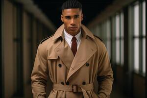 A man standing in a trench coat. photo