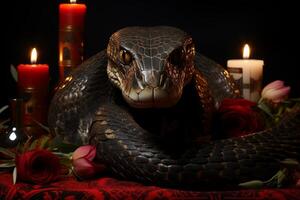 A terrible snake writhed among the flowers and candles. photo