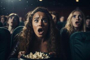 un mujer sentado en un película teatro, participación un Cubeta de palomitas de maiz como ella disfruta el película. foto