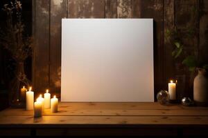 A table with lit candles and a white sheet of paper. Free space for text. photo