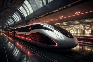 A sleek, modern train is seen moving through a bustling train station filled with people and luggage. photo