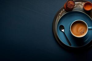 A cup of coffee with cream stand on a plate with a silver spoon next to it, on a dark blue surface. photo