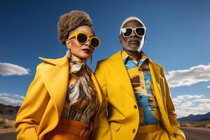 A man and a woman are wearing yellow outfits and sunglasses standing next to each other in a casual pose. photo