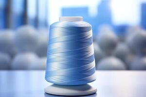 A spool of thread placed on a wooden table, showcasing the simplicity of sewing essentials. photo