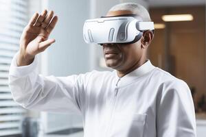 A doctor in a white lab coat uses augmented reality glasses. Application of the latest technologies in medicine. photo