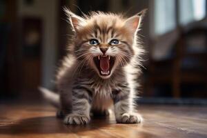 A hungry kitten meows loudly while sitting on the floor. photo