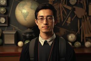 A young guy, a student in glasses and with a backpack, stands in an educational institution against the background of a globe. photo