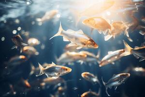 un grande grupo de diferente tipos de pescado nadar juntos en un estanque lleno con vistoso plantas foto
