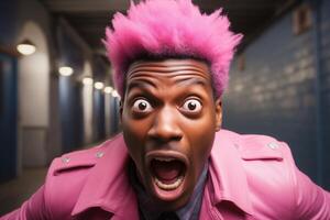 The pink haired man appears surprised, his eyes wide and his mouth hanging open. photo