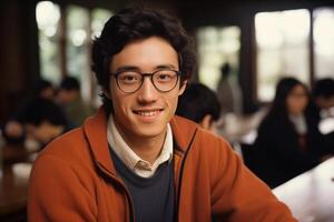 A young guy, a student in glasses, sits at a desk in an educational institution. photo