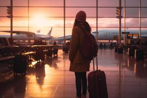un mujer con un maleta soportes en el esperando zona a el aeropuerto y mira expectante a el avión. foto