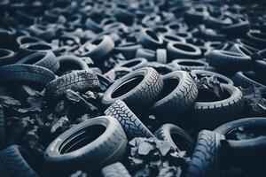A collection of worn-out tires scattered on the ground in a haphazard manner, creating a messy scene of rubber products. photo