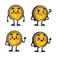 four cute coin mascots with various expressions. cute money mascot about finance. vector