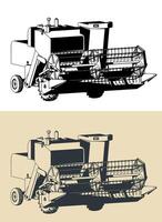 Stylized illustrations of a combine harvester vector