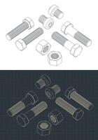 Isometric screws and nuts drawings set vector