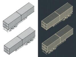 Tri-axle container trailer isometric blueprints vector