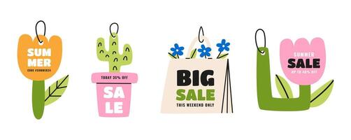 Set of playful price tags. Colorful summer discount labels with flowers, shopping bag and cactus. Sticker design for advertising and promotion. Trendy hand drawn style. vector