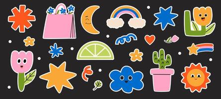 Cool Sticker set. Collection of trendy retro sticker cartoon shapes. Funny comic character art patch bundle. All elements are isolated. vector