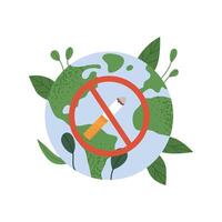 World no tobacco day illustration. A cigarette against the background of the planet earth in crossed out red circle. vector