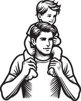 Father holding his happy child on his shoulders. Happy father day Symbol. Illustration of daddy and child. Father with his son on white background. vector