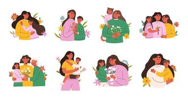 Mothers day, womens day. Beautiful woman holds a baby in her arms, mom hugs her children. Set of flat people isolated on white background. vector