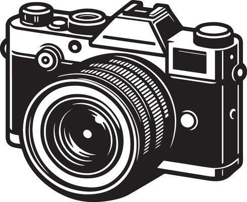 Digital photo camera illustration for photography day. Icon of photography equipment. Photographer element with shutter and focus.