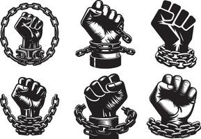 Fist of strong man raised with iron chain set. Juneteenth freedom concept design illustration. vector