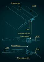 Aircraft Wing Structure and Flaps Systems Blueprints vector