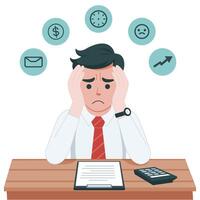 A stressed person sits at a desk, surrounded by paperwork and a calculator, depicting work-related stress. vector