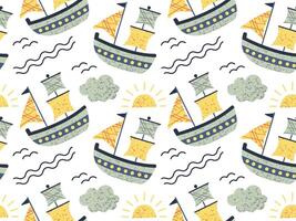 Seamless pattern of ships. Doodle style childish ship. Marine transport clipart. Collection of cute ships. vector