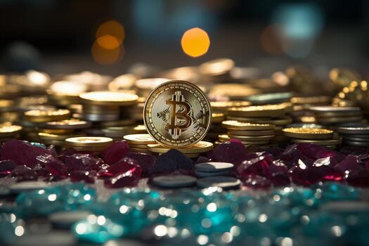 A shiny bitcoin placed on a stack of gleaming gold coins, symbolizing digital currencys value against traditional wealth. photo