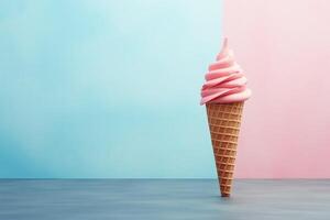 A single ice cream cone standing on a vibrant pink and blue background, creating a playful and colorful scene. photo
