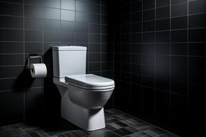 A white toilet is positioned next to a roll of toilet paper in a bathroom, ready for use. photo