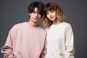 Two people in pink and white, a man and a woman, stand side by side facing the camera. photo