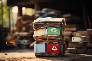 A neat stack of papers placed on top of a messy pile of boxes. Secondary raw material, ready for processing. photo