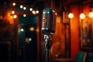 An aged microphone stands in a shadowy room, its retro design highlighted by the lack of light. photo