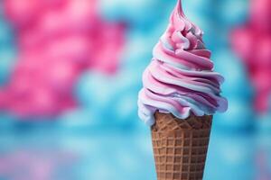 A single ice cream cone standing on a vibrant pink and blue background, creating a playful and colorful scene. photo