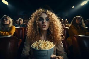 un mujer sentado en un película teatro, participación un Cubeta de palomitas de maiz como ella disfruta el película. foto