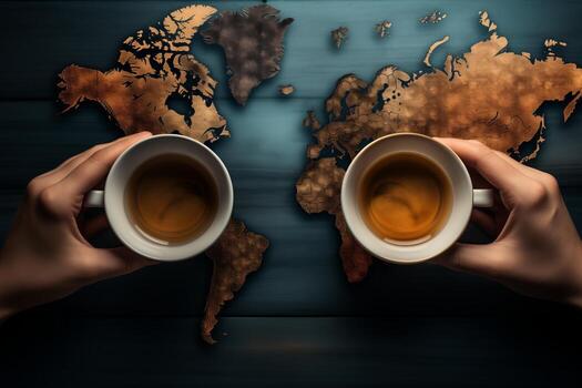 A persons hands holding two cups of coffee in front of a world map. Products from all over the world. photo