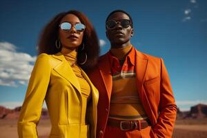 A man and a woman are wearing yellow outfits and sunglasses standing next to each other in a casual pose. photo