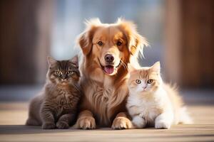 A dog and two cats lie on the ground next to each other and rest peacefully. Friendship between animals. photo