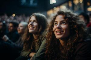 Two women sitting side by side, mouths open as if laughing. photo