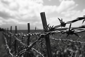 A black and white image showing a close-up of a barbed wire fence, with sharp spikes and twisted metal, symbolizing confinement and border. photo