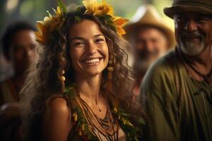 A woman with a flower crown on her head in a casual outfit is smiling happily. photo