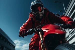 un hombre en un vibrante rojo traje montando un pareo rojo motocicleta en el la carretera. foto