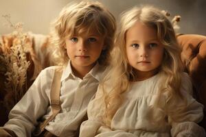 Two kids seated on a couch indoors, looking at the camera with neutral expressions. photo