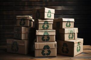 A collection of boxes stacked on top of each other, filled with recyclables such as plastic, paper, and glass, ready to be processed. photo