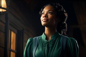 A woman wearing a green dress stands in a dimly lit room. photo